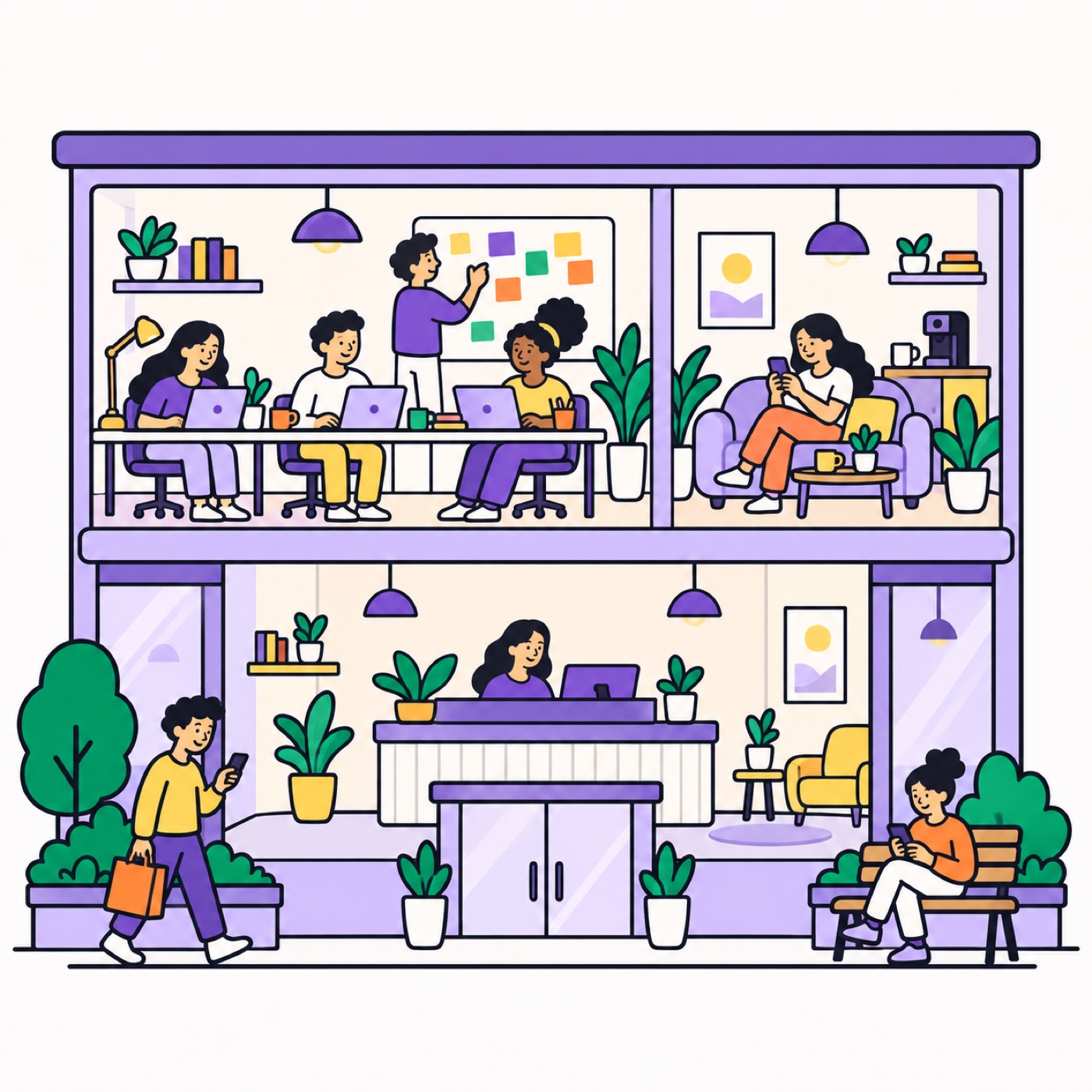 Ilustração de uma equipe atendendo clientes em um escritório de dois andares